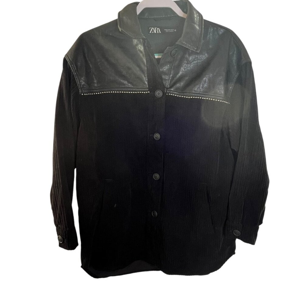 Zara Womens Black Faux Leather & Corduroy overshirt Size Medium